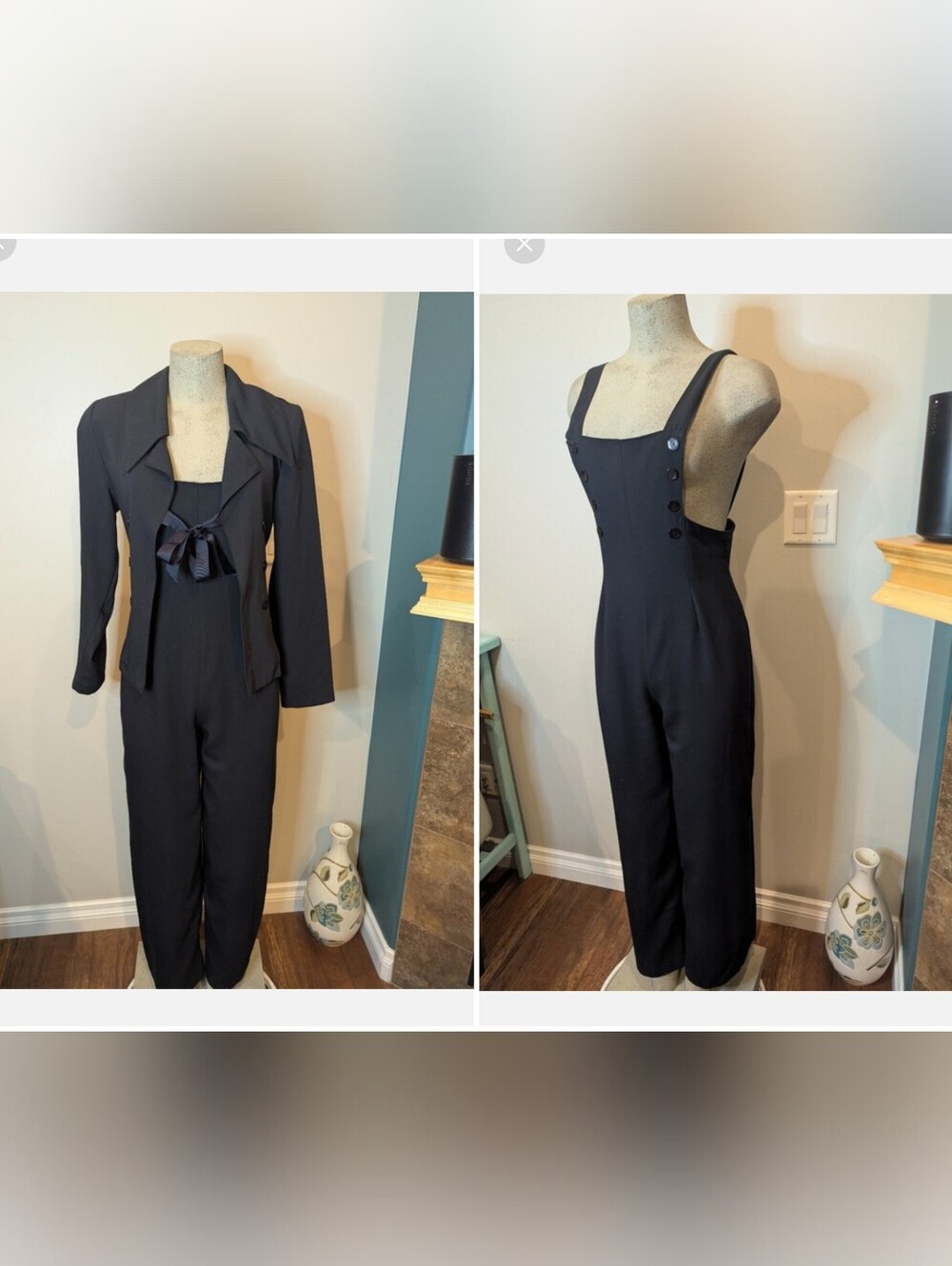 Vintage 80s Le Chateau Black overalls & satin Bow Jacket size S, Rare